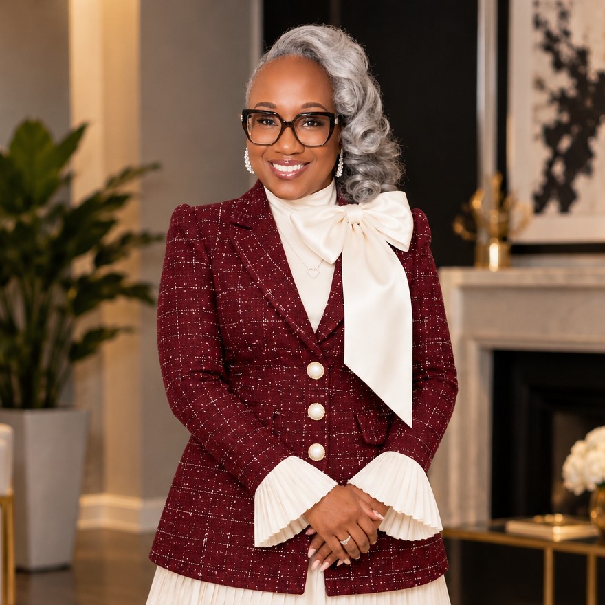 Adrienne Terrell smiling in a burgundy tweed jacket with an ivory satin bow and pleated cuffs