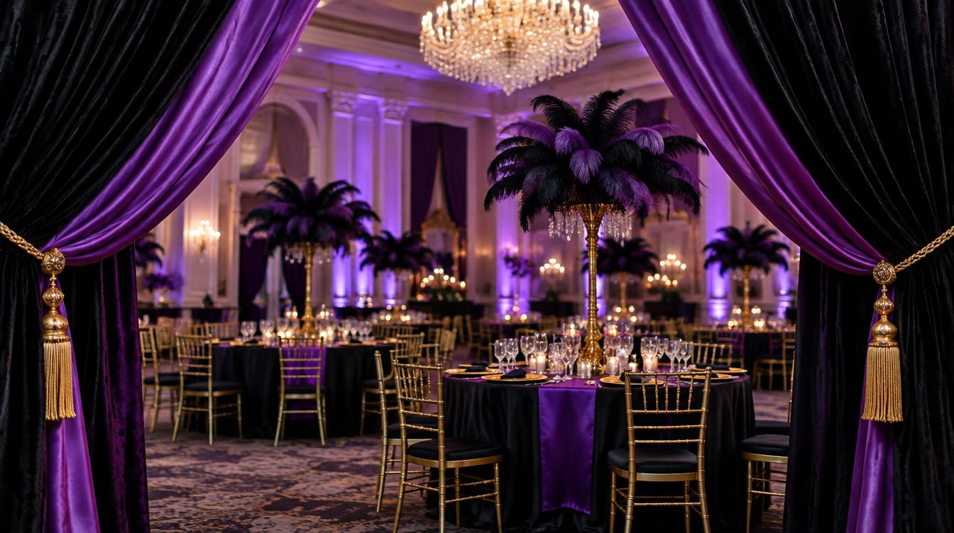 Black velvet and amethyst satin drapes tied back with gold tassels, opening onto a candlelit hall of black-linen tables, gold chairs and tall purple and black feather centerpieces